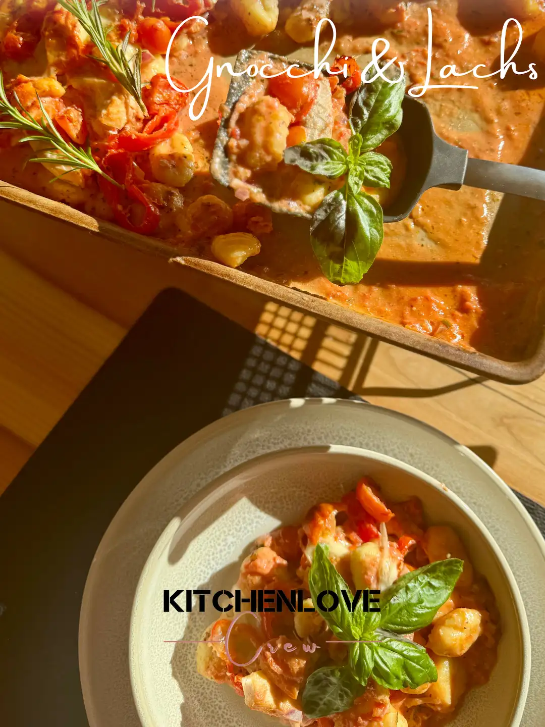 Gnocchi Auflauf mit Tomate Mozzarella und Lachs