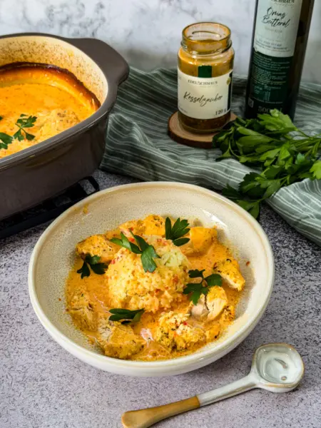 Hähnchen in Sauce mit Reis